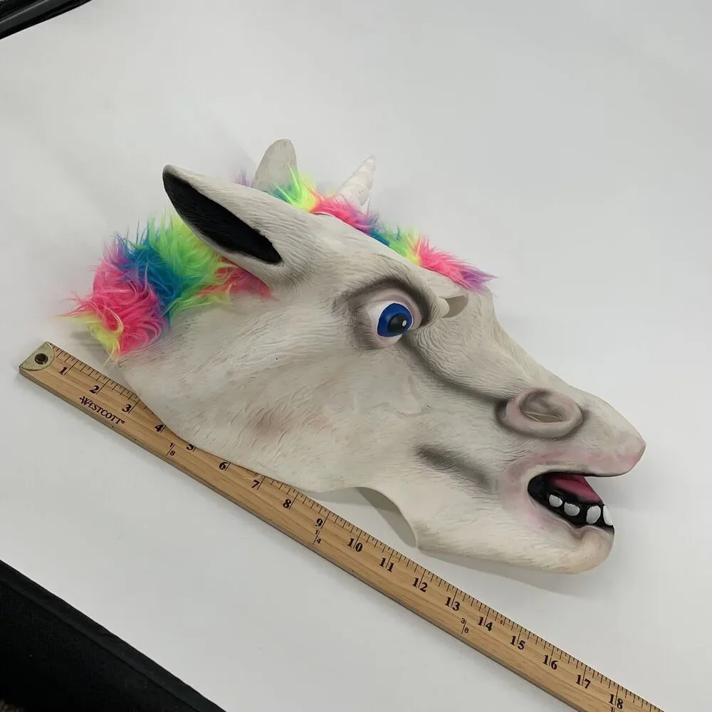Latex Rainbow Mohawk Unicorn Mask Full Head Animal Mask Adult Horse White OS